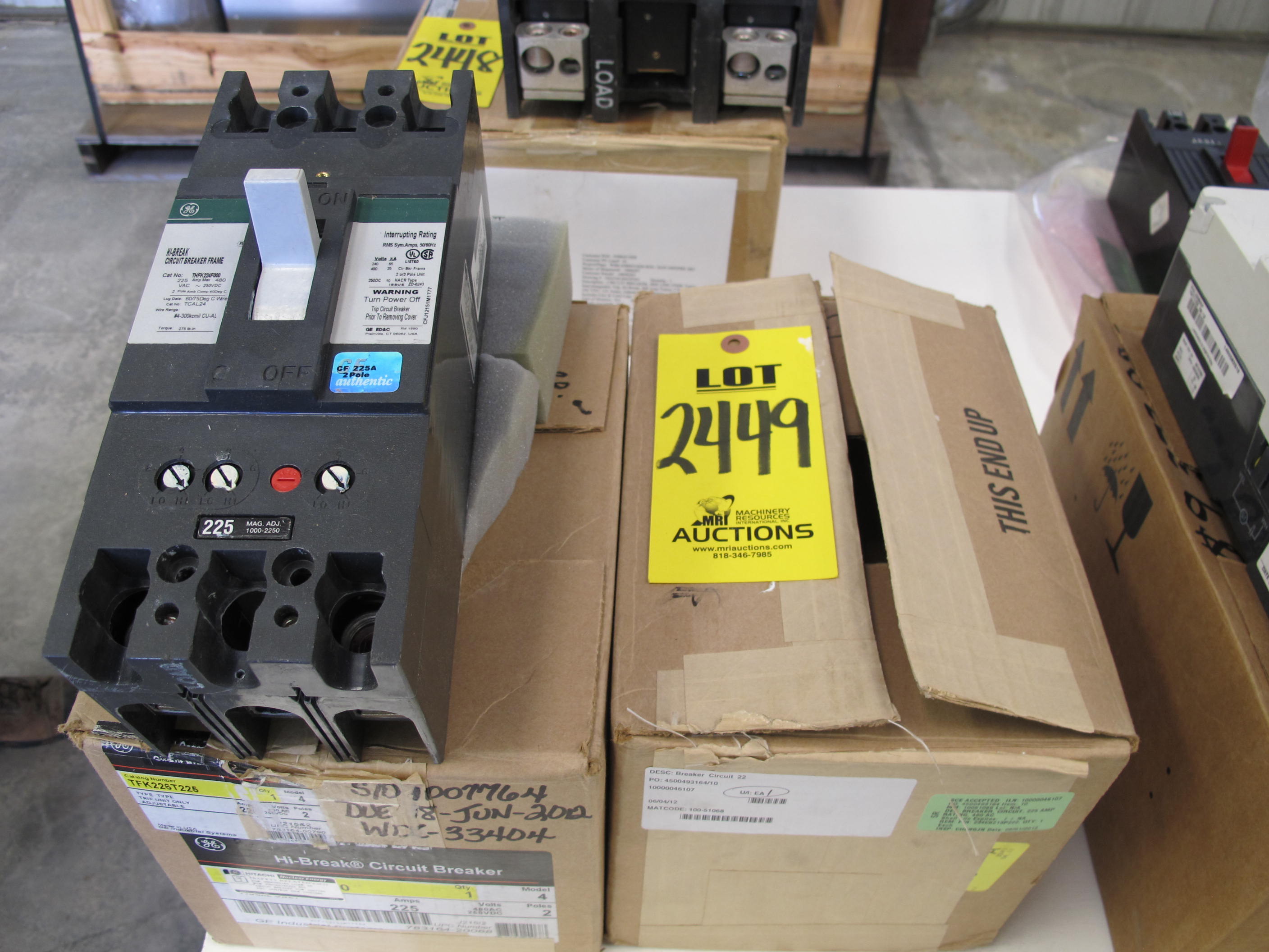 LOT (2) BREAKERS, CIRCUIT TYPE, 225 AMP RATING, 480 AC/250 DC VOLT RATING, 2 POLE, THERMAL MAGNETIC KIND. 65KA @ 240VAC, 10KA @ 250VDC INTERRUPT CURRENT RATING, TRIP CURVE GES-6103F. PART # 234C6213P222 (W-44) LOADING & HANDLING FEE $5-